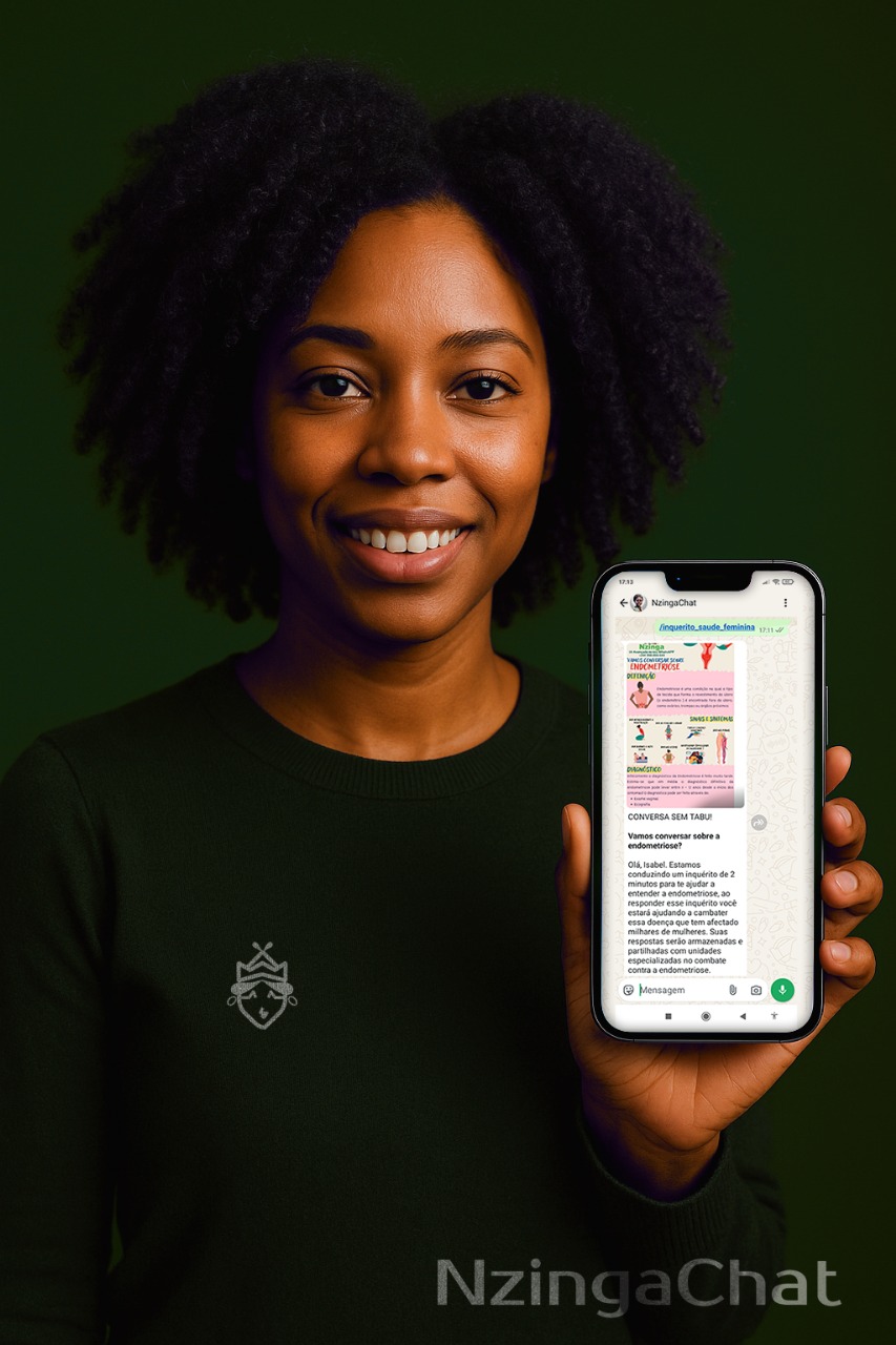 Demonstração do inquérito sobre endometriose na interface da NzingaChat no WhatsApp